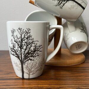 Corelle Coordinates Timber Shadows 4 Coffee Mugs Black Grey Trees 12 oz
